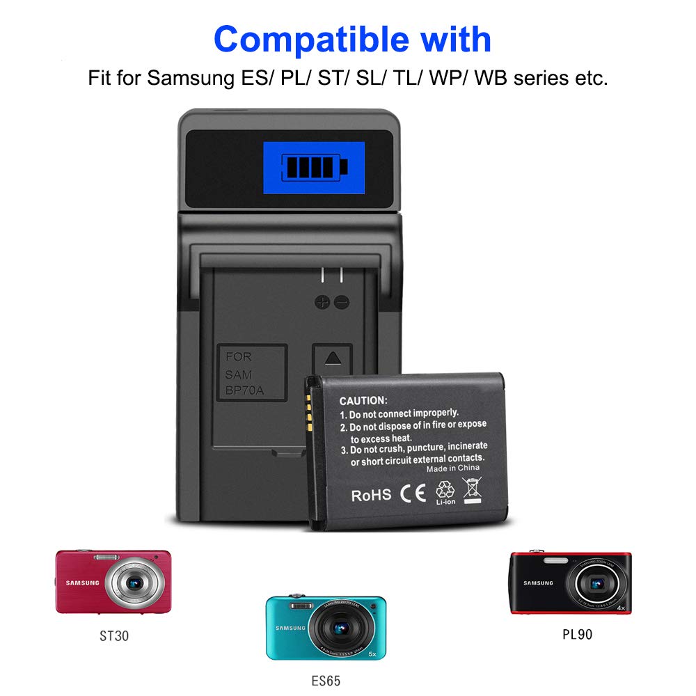 CITYORK (Paquete de 2) BP-70A Batería de Repuesto y Cargador para Samsung DV150F ES65 ES67 ES70 ES80 MV800 PL20 PL80 PL120 PL170 PL200 SL605 SL630 ST65 ST95 ST66 ST76 ST80 ST90 ST100 ST6500 BP-70A