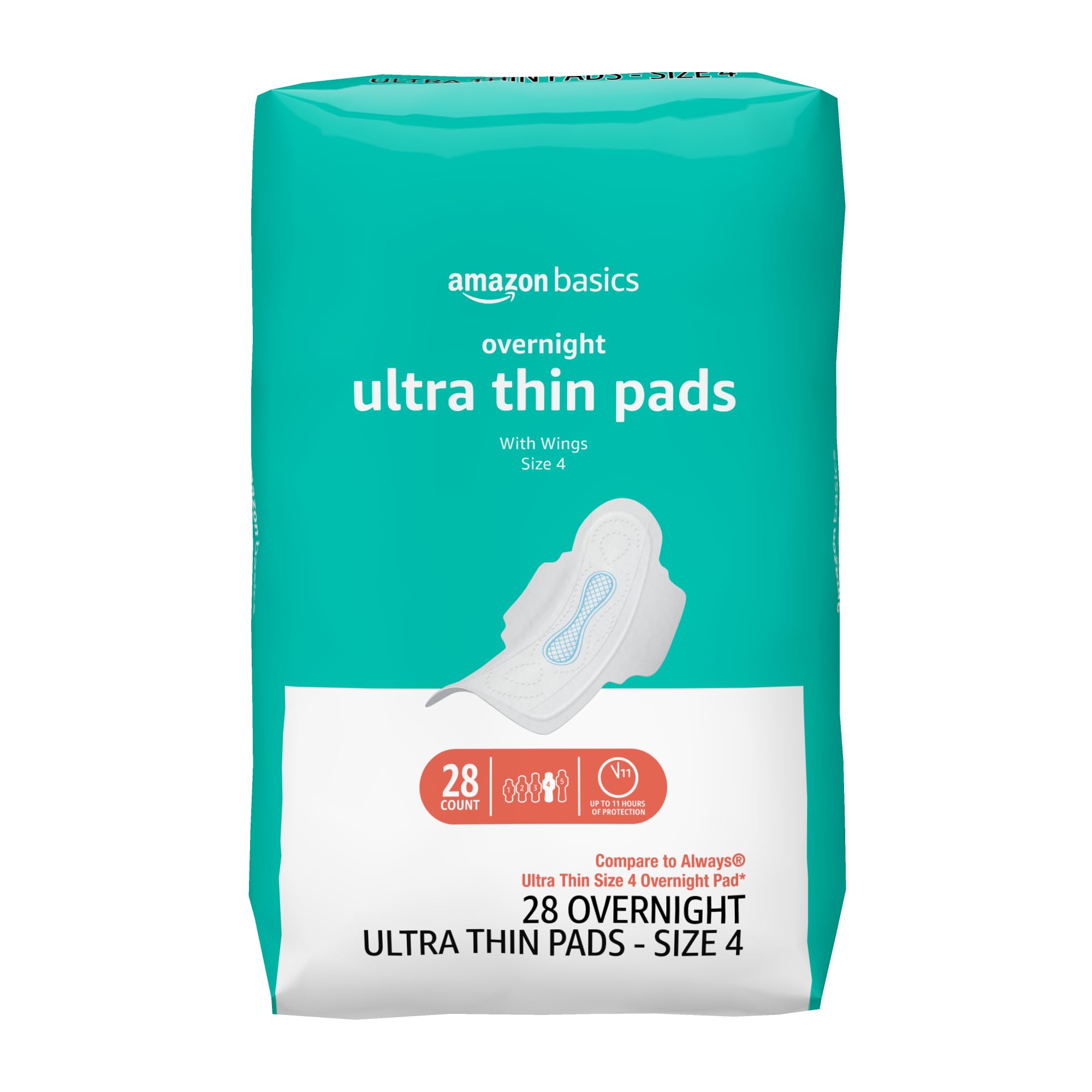 Amazon Basics Overnight Pads for Women, Ultra Thin with Flexi-Wings, Unscented, Size 4, 28 Count, 1 Pack