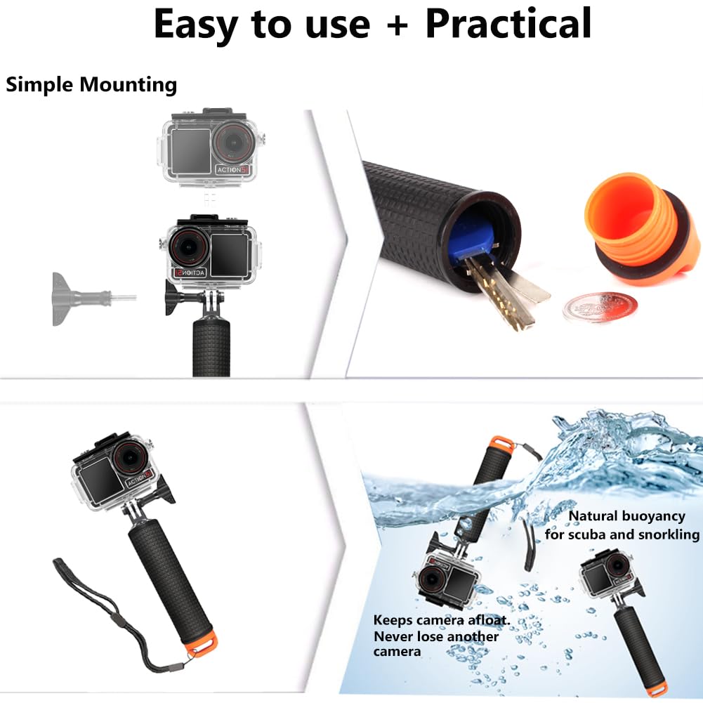 Custodia impermeabile compatibile con DJI Osmo Action 6 + manico galleggiante + 6 inserti anti-appannamento + clip di montaggio rapido