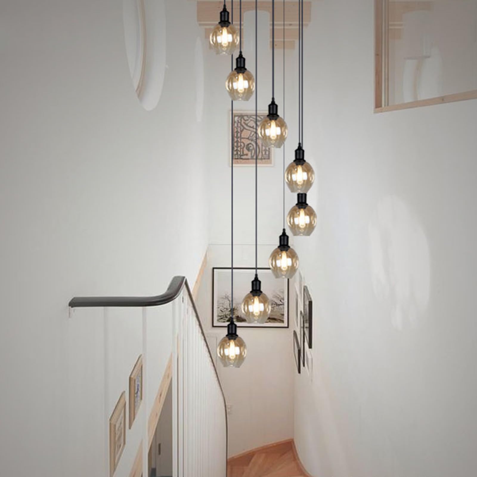 PCXEHUYP Retro Multi Glass Balls Staircase Chandelier Spiral Modern Pendant Lights for Villa Duplex Long E27 LED, DesignBlack,6 bulbs