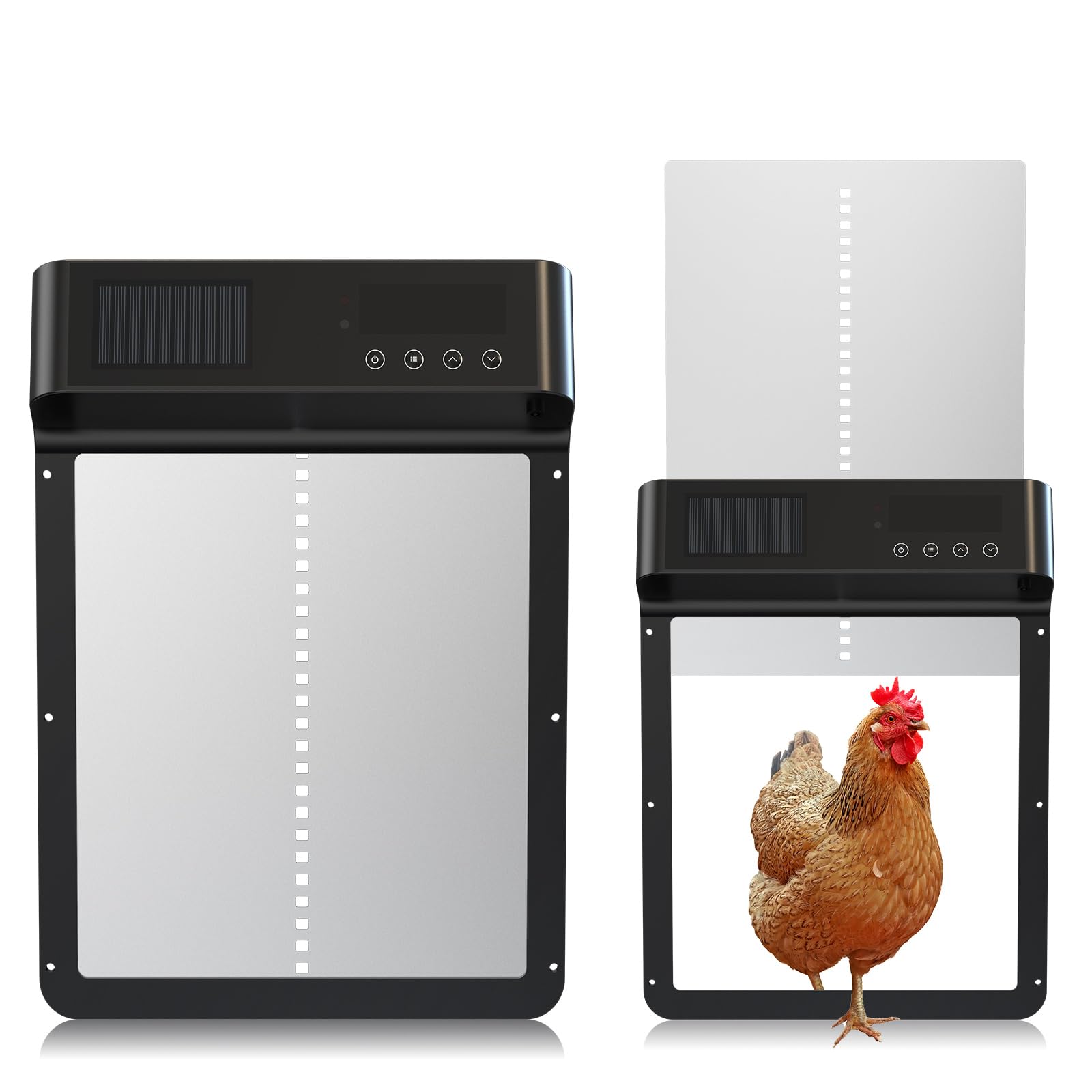 Automatic Chicken Coop Door, Solar Powered Chicken Run Door with Timer & Light Sensor Mode, Programmable LCD Display, Aluminum Chicken Door Opener Anti-Pinch, Low Battery Warning, Poultry Weatherproof