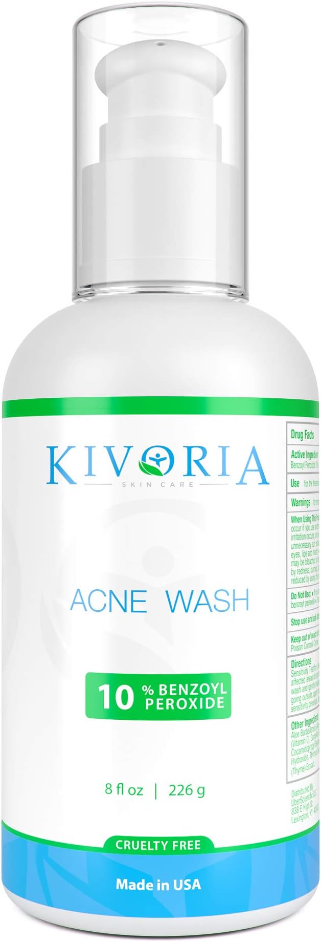 Kivoria- Maximum-Strength Acne Wash - 10% Benzoyl Peroxide Acne Treatment for Face, Skin, Butt, Back and Body - 8 Fl Oz - Dermatologist-Tested Non-Foaming Cleanser - Vegan, Cruelty-Free
