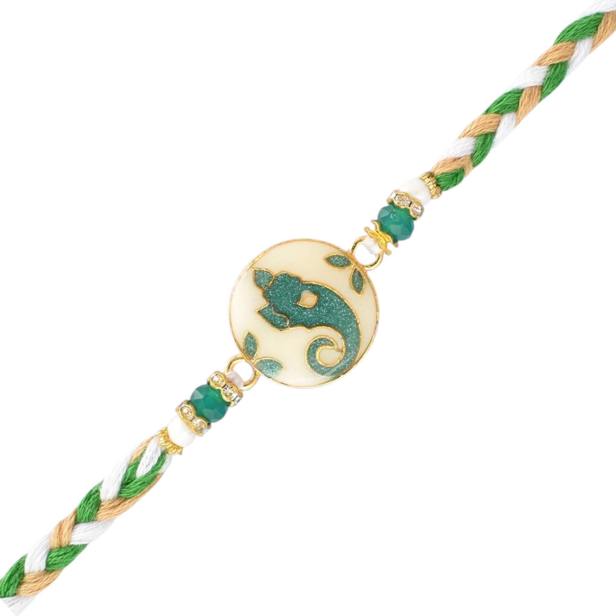Stylish GANESHA Enamel Charm Rakhi|Handmade Braided Thread with Crystal and White Pearl Beaded Bracelet Rakhi for Rakshabandhan Brother Bhai Bhaiya with Roli, Chawal and card-02-image-35