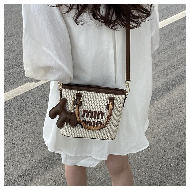 Woven Bucket Bag Crossbody HandBag Purse, Bamboo-Style Handle & Cute Dog Charm, Gift for Friend Her4