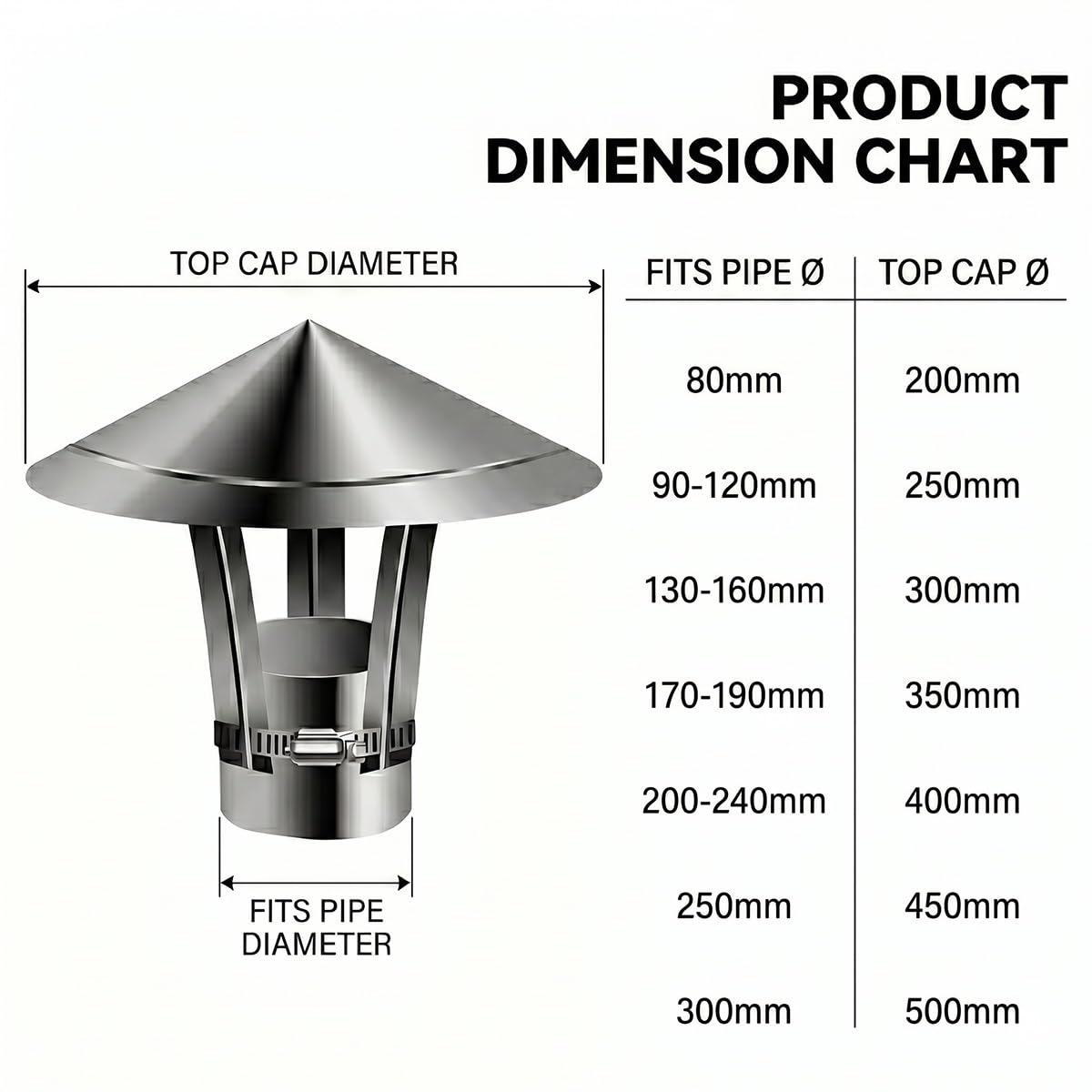 Sombrerete Chimenea Acero Inoxidable Tapa Protectora para Tubo de Estufa Caperuza Antilluvia Sombrero de Ventilación Techo Salida Humos Deflector Viento Tiro Óptimo Fácil Montaje(300mm)