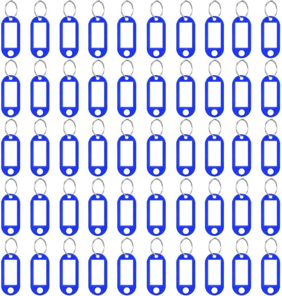 Key Tags with Split Ring, 50 Pack, of one Colour, Plastic ID Labels, 5 cm x 2.2 cm (50 Blue)
