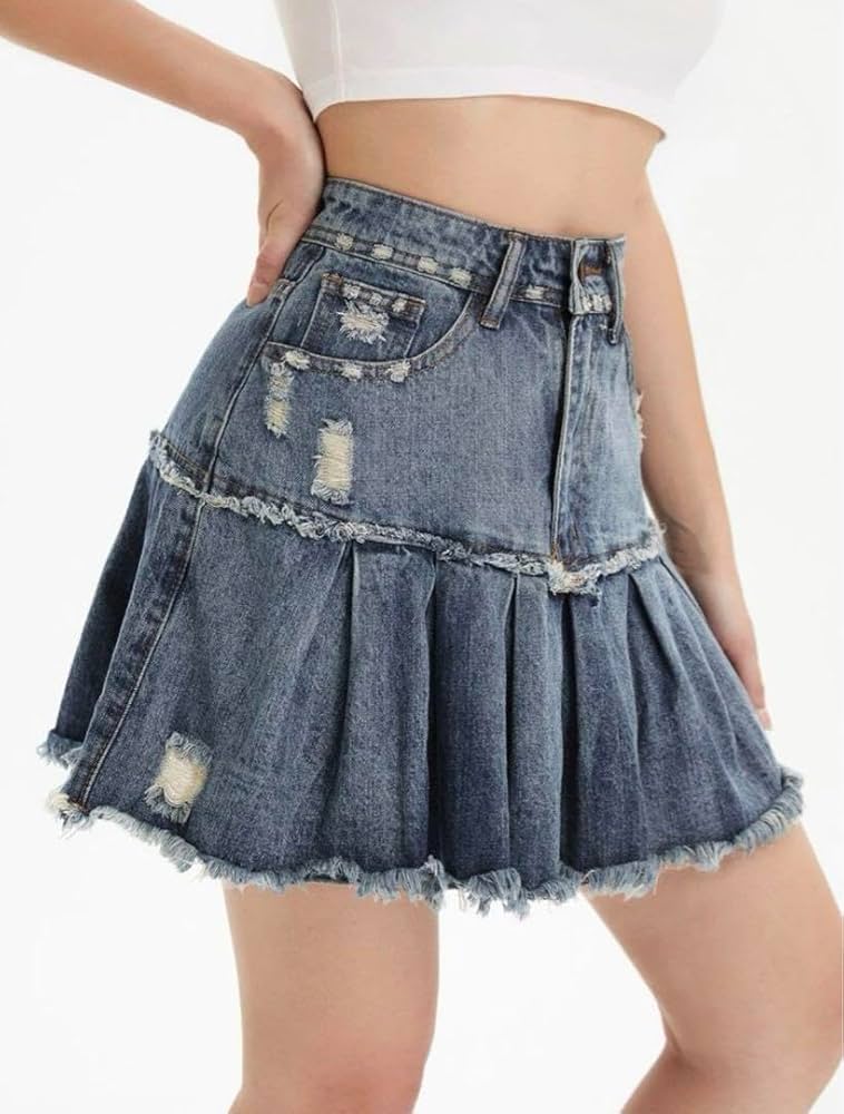 ［難あり］プリーツプリーズ　ダメージデニム柄スカート 楽天市場】大きいサイズ デニムスカート プリーツスカート 見せ