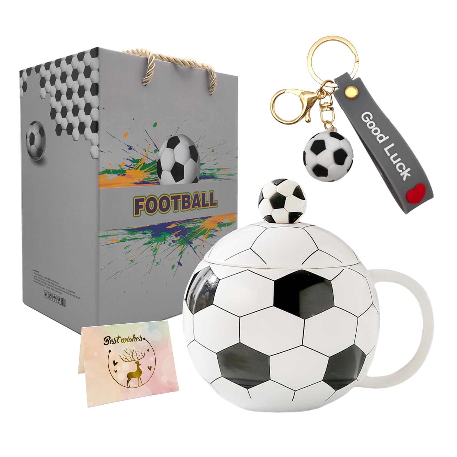 Sycle circle Cute Football Mug, Kawaii Football Ceramic Mug with Lid and Spoon for Coffee Tea Milk Embossed Cup Novelty Gift Birthday for Football Fans Kids Adults-Black