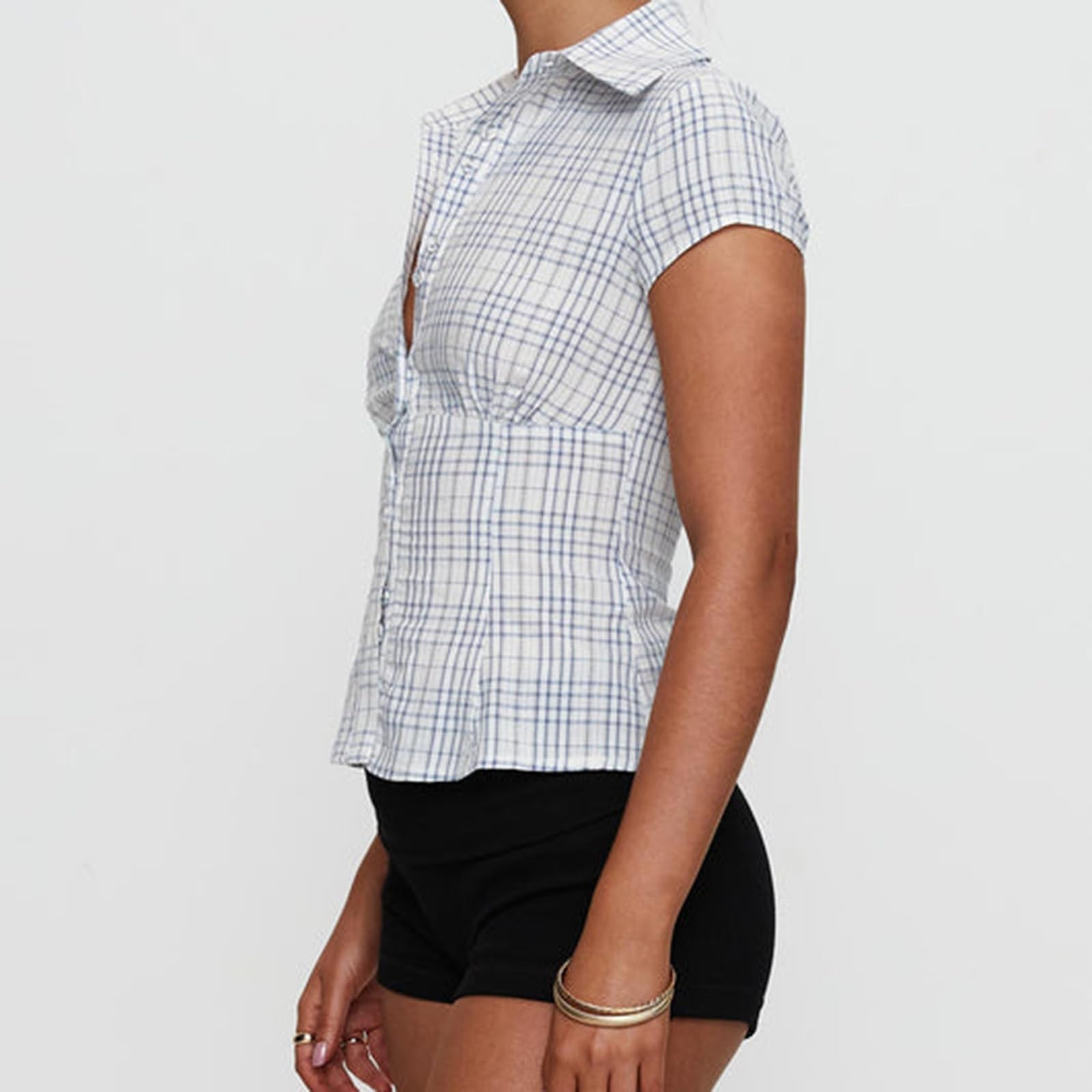 Y2k Girls Vintage Coquette Button Down Shirt Women Short Sleeve V-Neck Slim Fitted T-Shirt Cute Blouse Crop Top: Blue #D Large