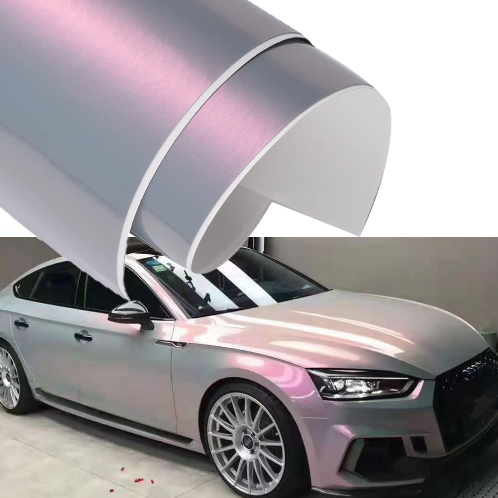 Blueshyhall Autofolie kameleon-effect, glanzend roze en grijs, met verloop, zelfklevend en luchtkanalen, voor buiten, waterdicht, 30 x 152 cm