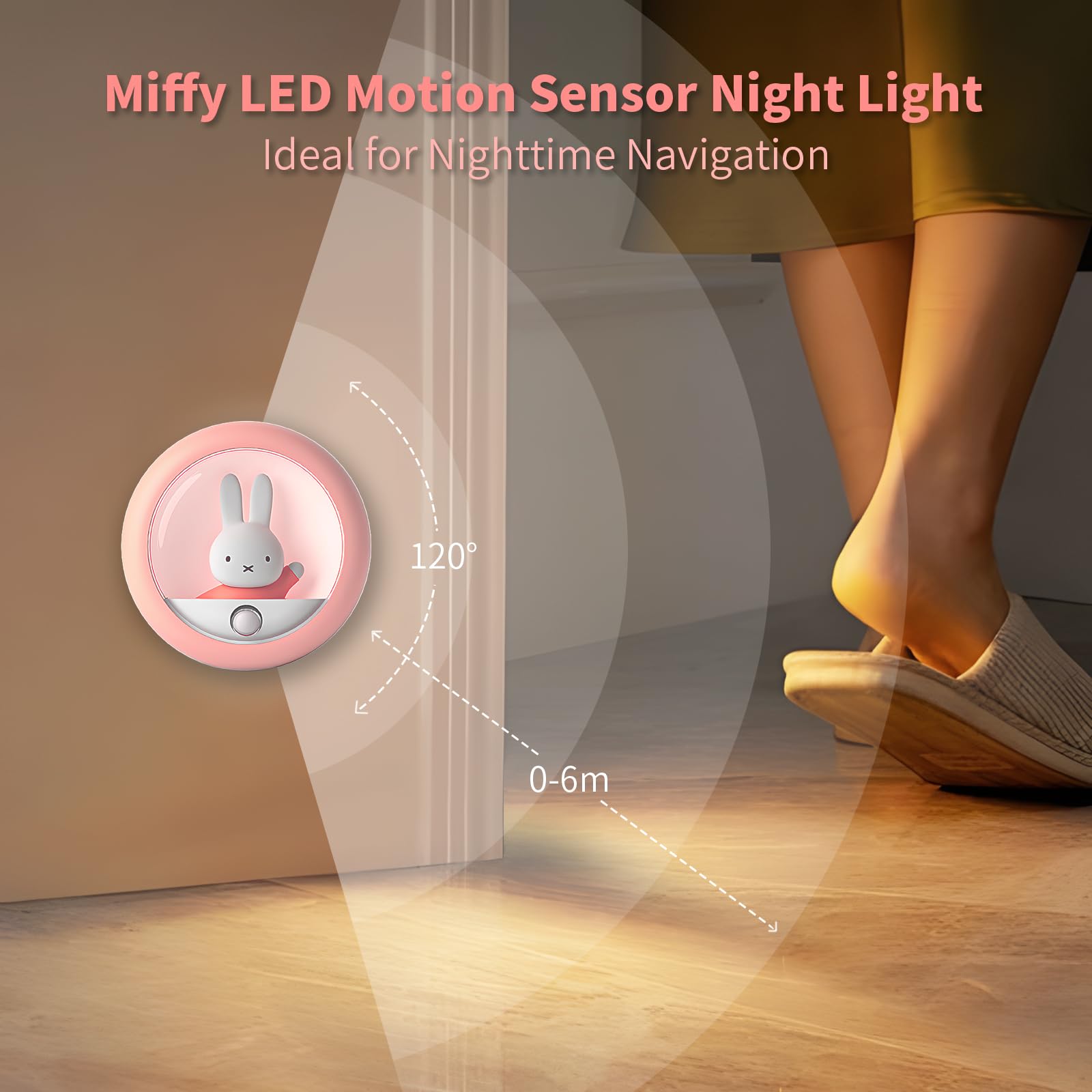 MIPOW Miffy 2025 Veilleuse LED avec détecteur de mouvement automatique rechargeable avec luminosité réglable magnétique portable pour chambre à coucher, salle de bain, couloir (rose)