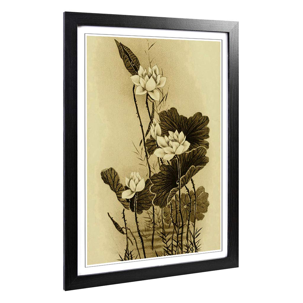 Big Box Art Framed Print of The Lotus Japanese Oriental Design | Wall Art Picture | Home Decor for Kitchen, Living Room, Bedroom, Hallway, Black, A2 / 24.5x18 Inch / 62x45cm