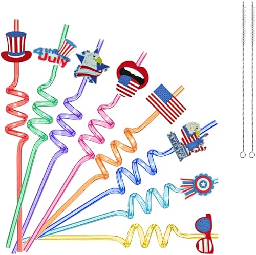 24 popotes patrióticos de plástico para el 4 de julio, con 2 popotes de limpieza, cepillo de limpieza, popotes reutilizables para el Día de la