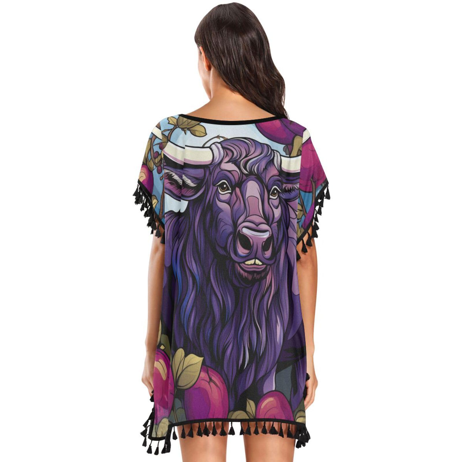 Cartoon Purple Cow Fruit Women's Beach Cover Up Chiffon Tassel Swimwear Swimsuit Coverups for Girl