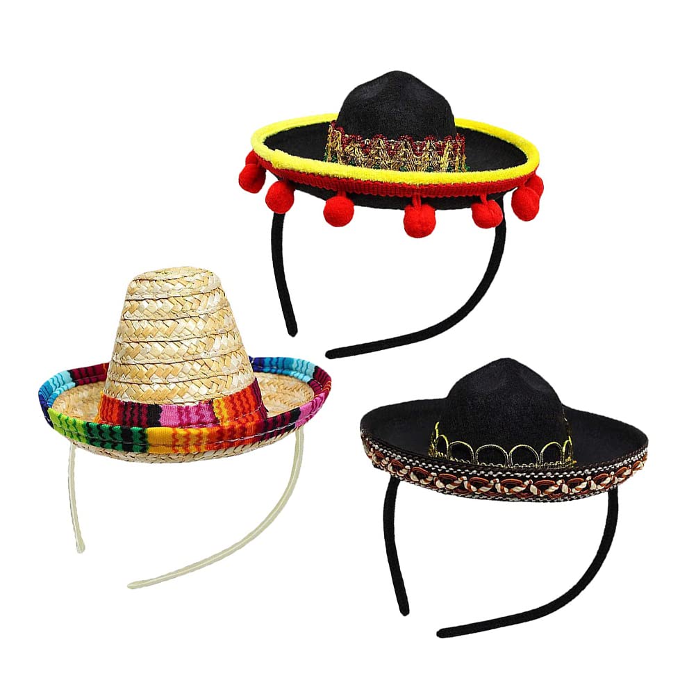 Pack of 3 Mini Carnival Hats, Colourful Mini Straw Hat, Cute Sombrero and Headbands, Party Hats - Image 2