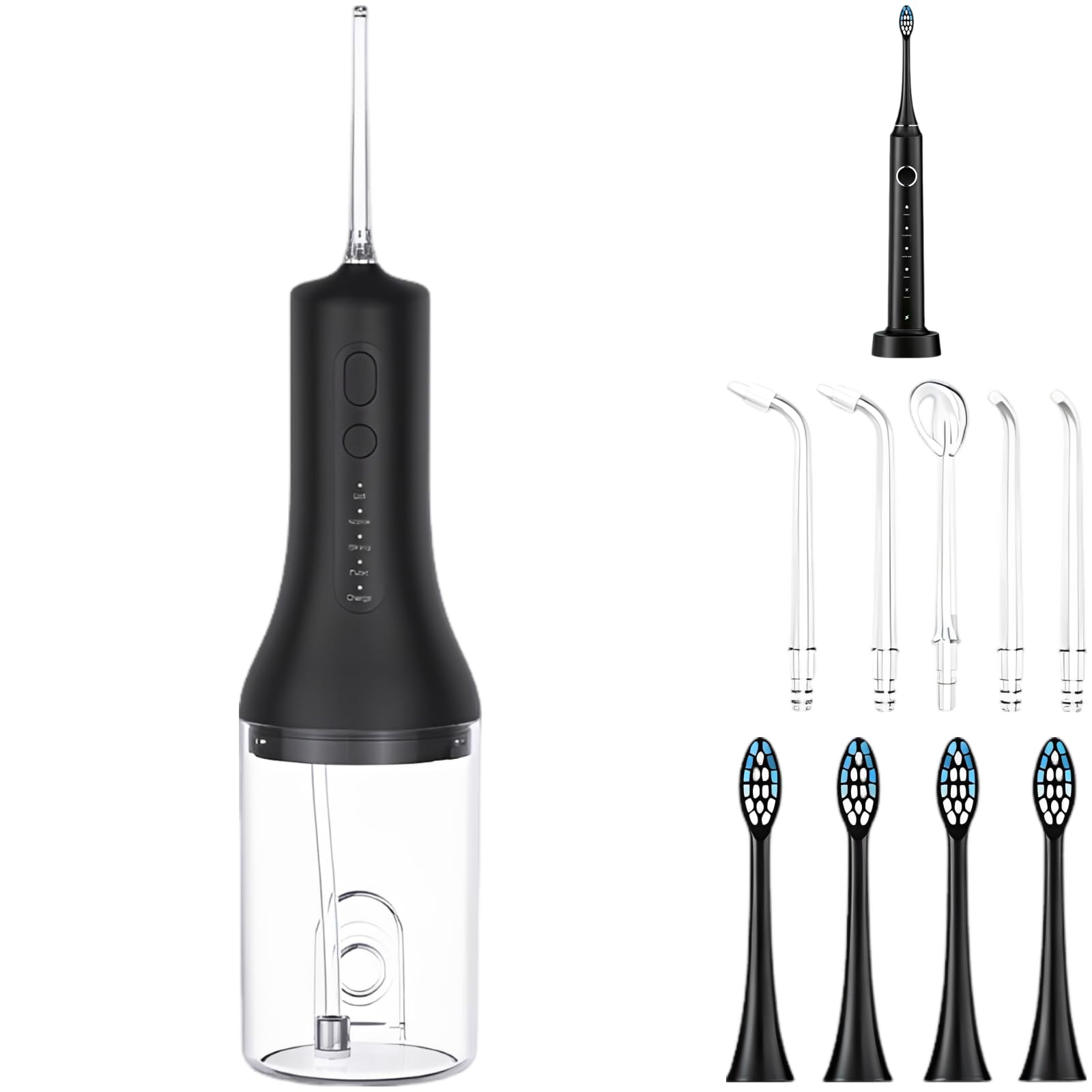 Spazzolino elettrico con irrigatore orale, 8 pezzi di ricambio, spazzolino elettrico sonico, kit di pulizia dei denti impermeabile IPX7 per viaggi e casa, 5 modalità per esigenze estetiche, base di