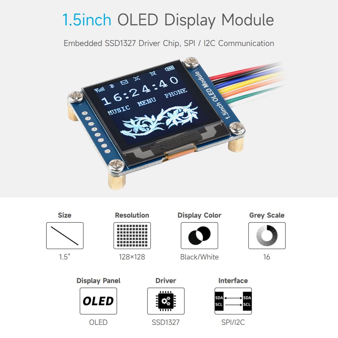 Waveshare 1,5 cala Moduł wyświetlacza OLED 128 x 128 pikseli 16-bit szary poziom z wbudowanym kontrolerem komunikacji przez SPI Złoty interfejs I2C