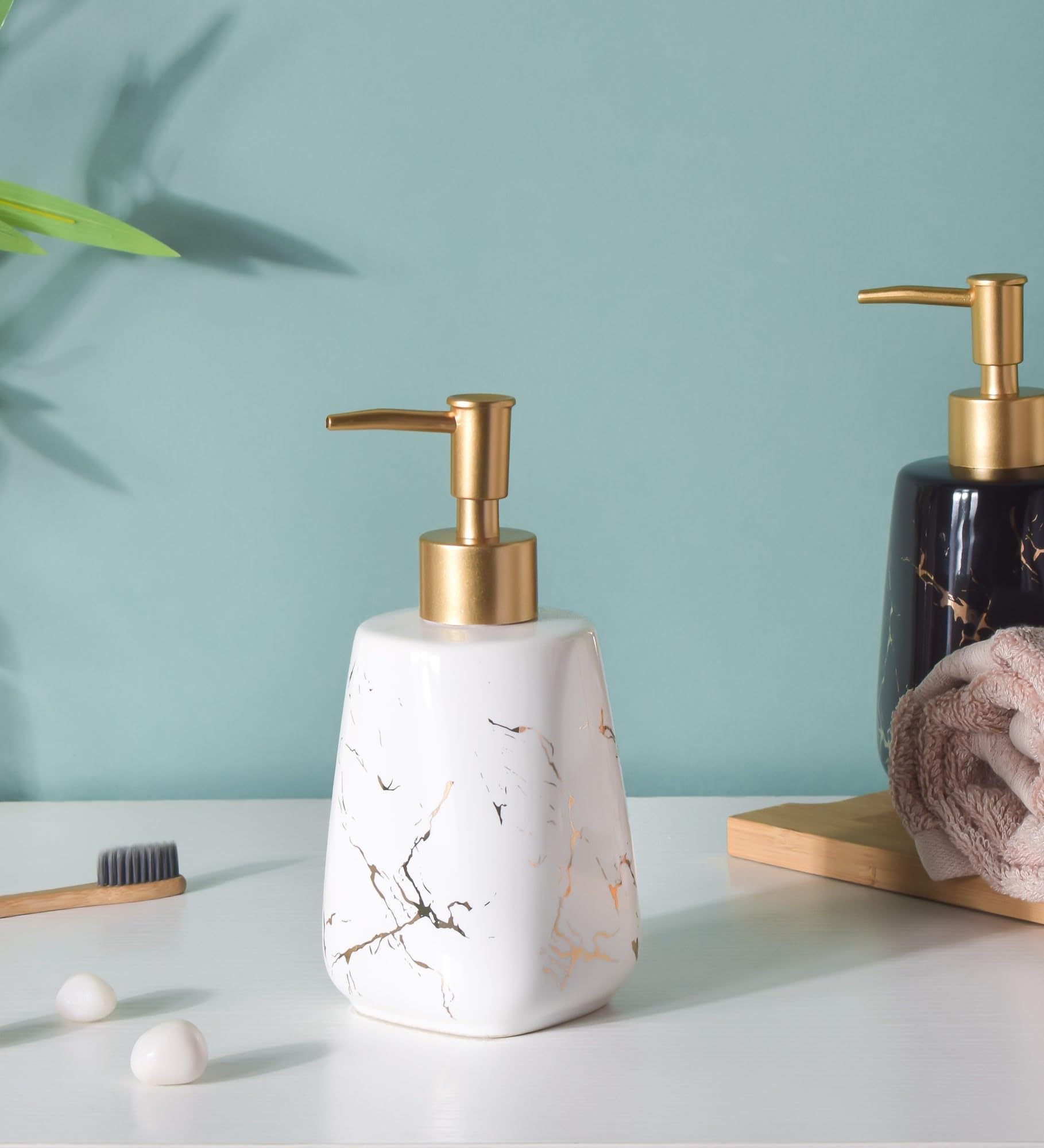 Nestasia 350ml Ceramic Liquid Soap Dispenser with Pump | Marble Finish Durable Handwash Dispenser for Bathroom & Kitchen | Elegant Bathroom Accessories (White)-image-36