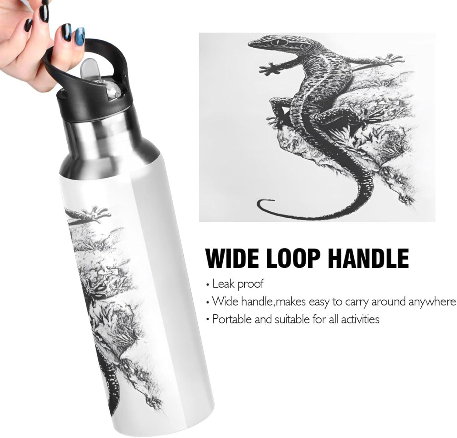 Lizard Pattern Water Bottle with Straw Lid Kids Insulated Stainless Steel Water Flask Sports, 20 Oz Hot Cold