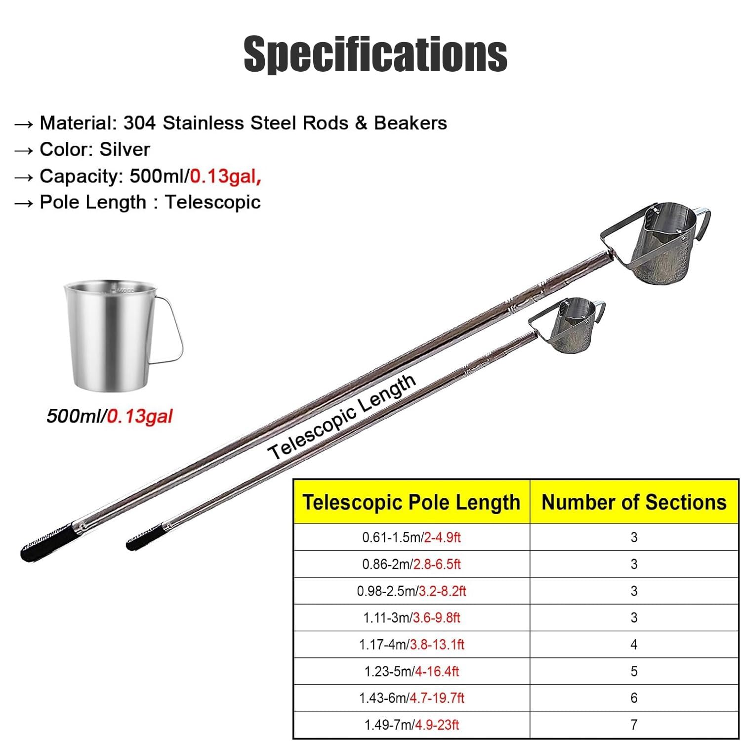 Cuchara extensible de acero inoxidable para muestras de agua, telescópica portátil, ideal para agricultores, jardineros, investigadores, 0,61,5 m, fácil transporte y almacenamiento
