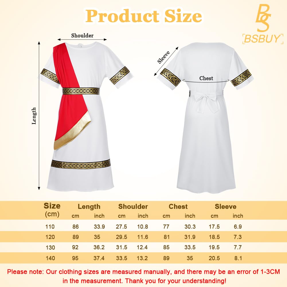 BSBUY Ancient Roman Greek Costume Boys Kids White Red Greek Long Robe Roman Toga Fancy Dress Costume Roman Emperor Dress Up Outfit with Belt Headband Wristband for Halloween World Book Day(120) - Image 2