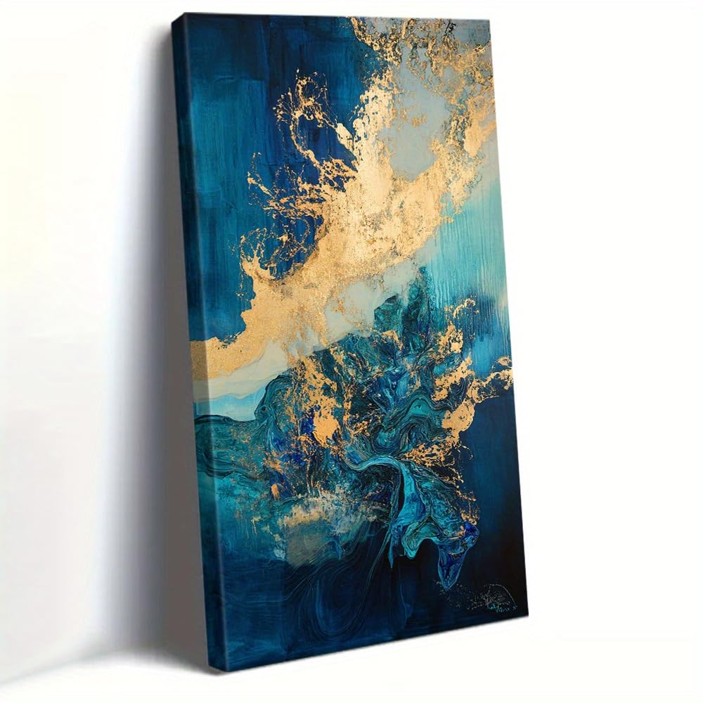 UUDEZO Framed Large Wall Art in Deep Blue Art Prints Abstract Lines And Flowing Golden Decor(20x40cm(8x16in)