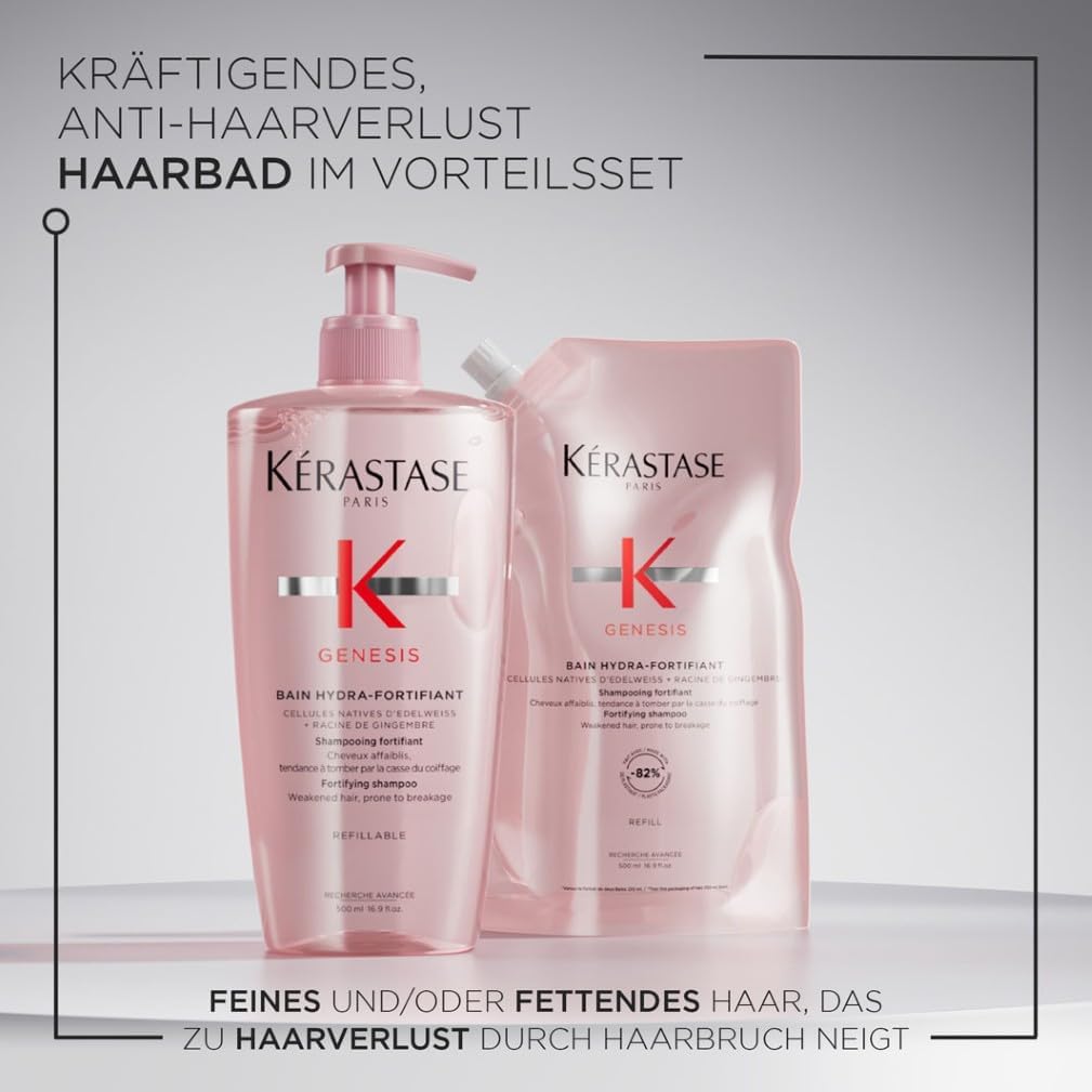 Kérastase Genesis Bain Hydra-Fortifiant Nachfüllset, Kräftigendes Shampoo bei Haarverlust durch Haarbruch, Enthält: Genesis Bain Hydra-Fortifiant 500 ml im Pumpspender sowie 500-ml-Nachfüllpackung