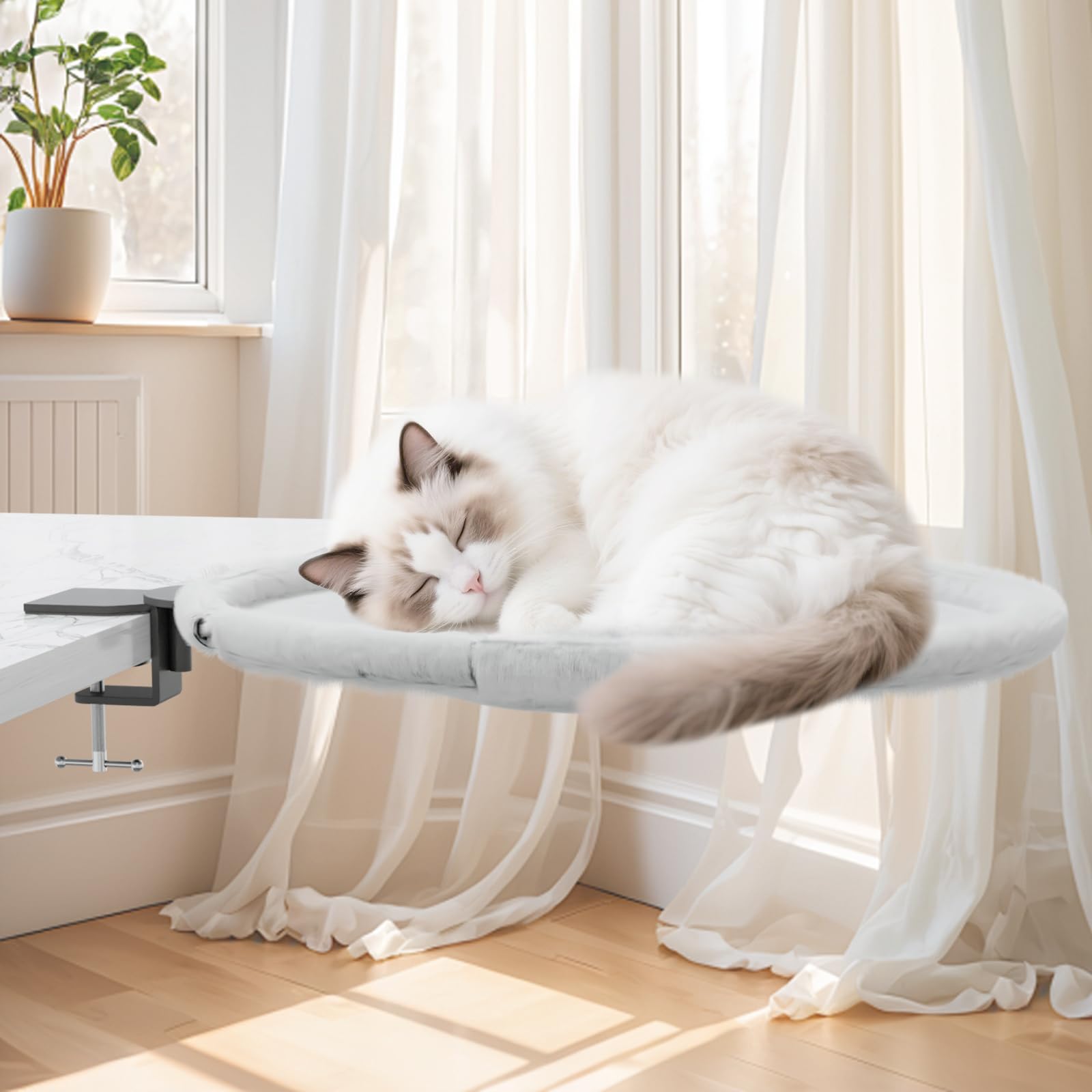 Yuning Cama para Gatos para Escritorio, Casa para Gatos de Interior Giratoria 360° con 2 Lavables Colchones Cálidos y Fríos, Cama de Escritorio Hamaca para Mascotas para Oficina en Casa, hasta 20kg