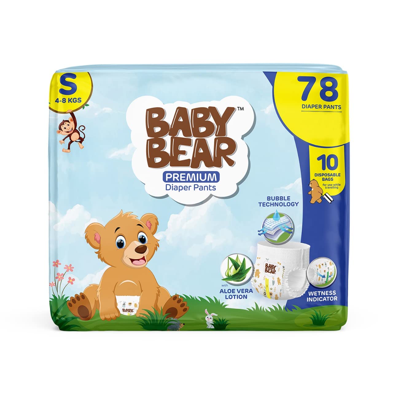 Baby Bear Premium Diaper Pants | Cottony Soft and rash free with Wetness Indicator | Aloe Vera Lotion | Breathable Sheet| Soft waistband | Bubble Bed Technology | 10 Disposable Bags | Small (4-8Kg)- 78 Pieces
