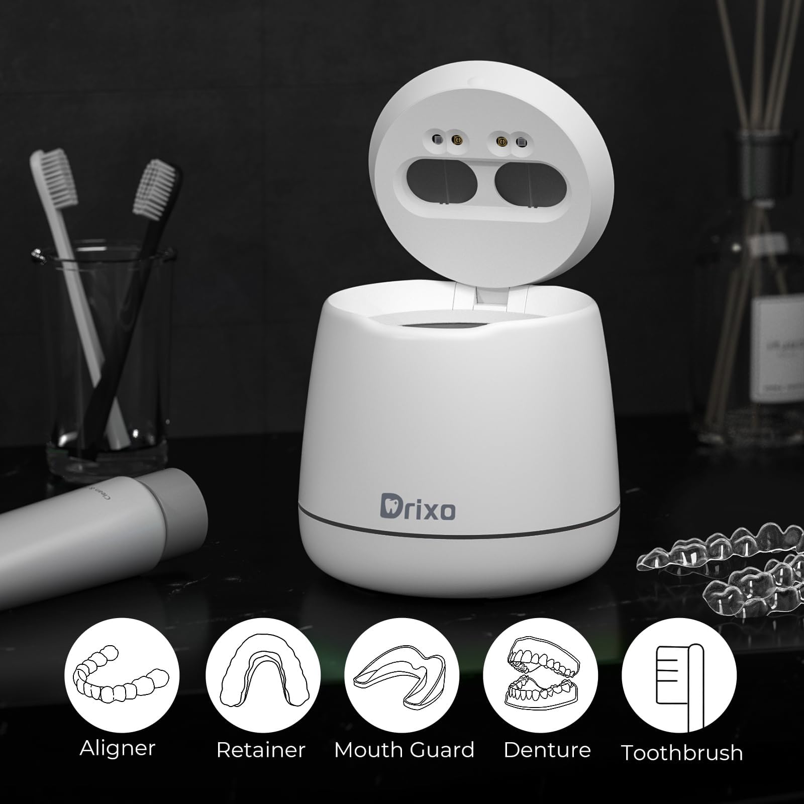 Drixo Limpiador Ultrasonidos Dental y Férula, 45kHz 24W Ultrasonic Cleaner, Máquina 200ML para Alineadores Invisibles, Retenedores, Dentaduras y Brackets, IPX6 Impermeable, 9 Modos, Marfil