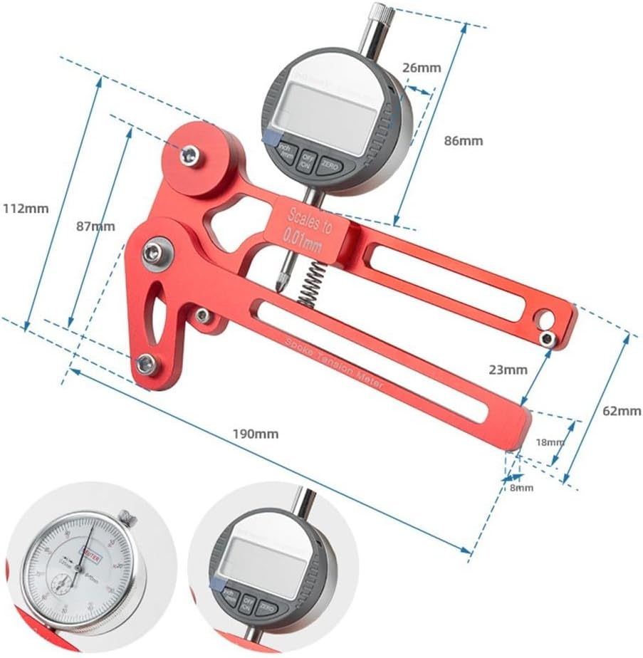 Bicycle Spoke Tension Meter Aluminum Alloy CNC Sturdy Wheel Building Tool Precise Tension Gauge in Red or Black Mechanical or Electronic for 26 27.5 29 Inch 700C (Red electronic watch)