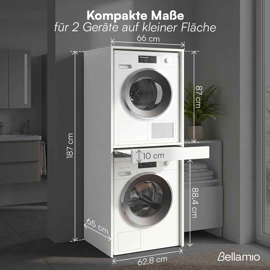 Bellamio Vist Waschmaschine Trockner Schrank – Waschmaschinenschrank mit ausziehbarer Ablagefläche – Waschturm Hochschrank 187x65x66cm mit Wandanschluss – Schrank kompatibel mit Standardgeräten – Weiß