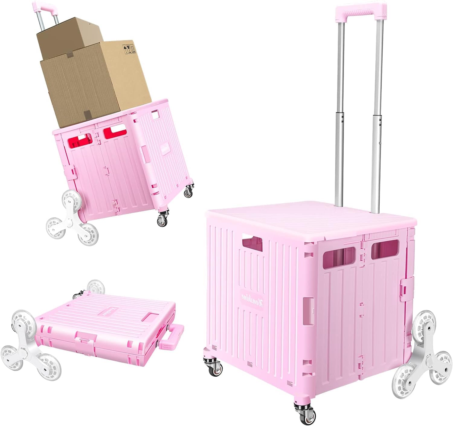 Hcosmy Foldable Cart with Stair Climbing Wheels,45L Utility Rolling Shopping Cart,Collapsible Rolling Crate with Magnetic Lid,360° Rotate Wheel Hand Cart Handcart for Tourist Shopping Office (Pink)