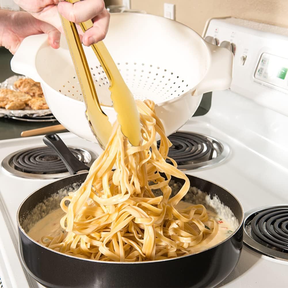 2 Pack Gold Serving Tongs Gold Serving Utensils Salad Tongs Buffet Tongs Non-slip & Easy Grip Stainless Steel Gold Plated Buffet Serving Tongs, Salad, Ice, Oven (9.5 Inch) (Gold)