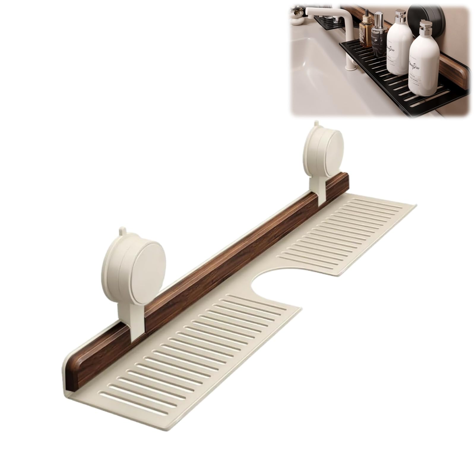 Walnut Suction Cup Bathroom Shelf No Drilling Wall Mounted Sink Emovable Wood Faucet Storage Rack Suction Cup Shower