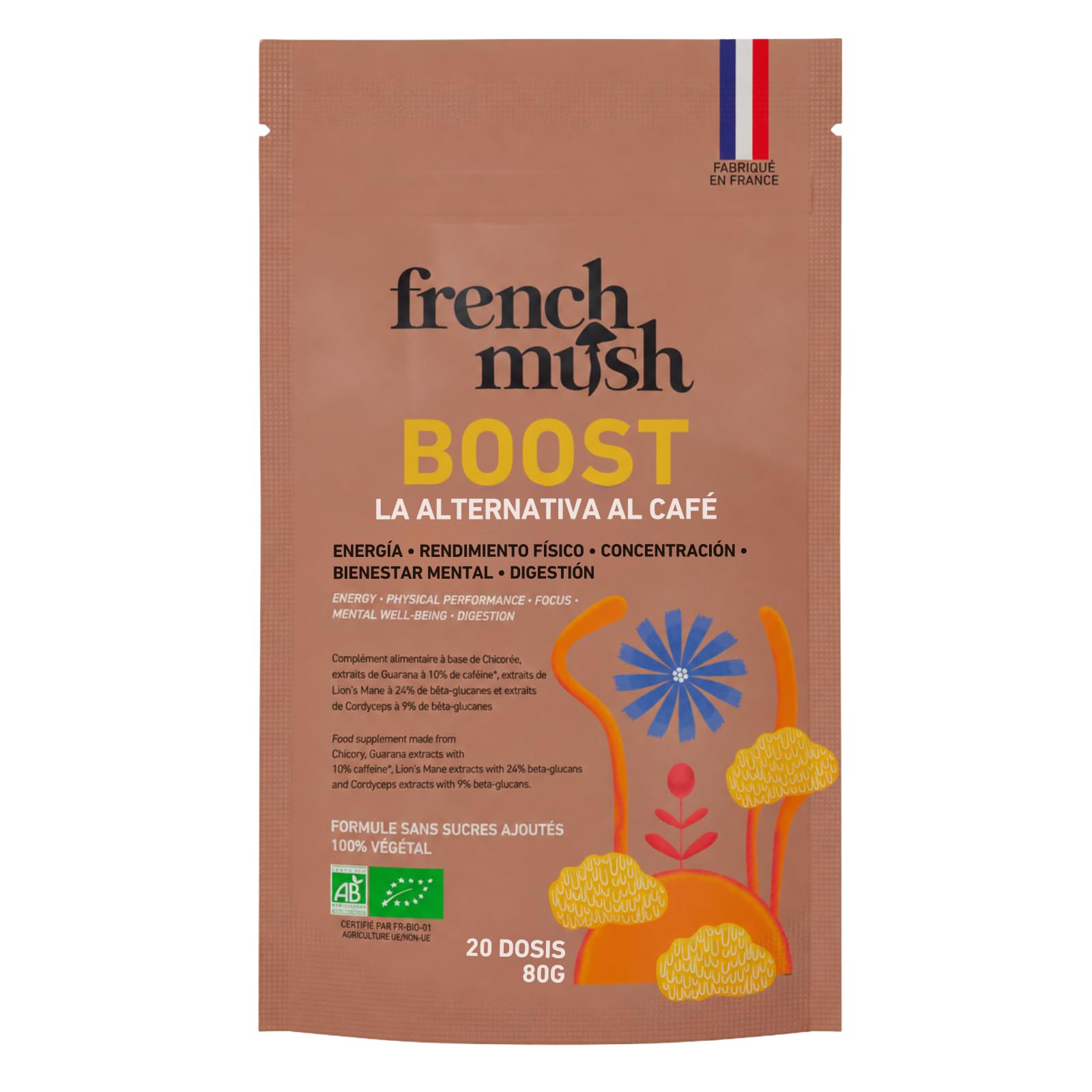 French Mush BOOST - Alternativa al Café con Hongos Adaptógenos Bio: Lion’s Mane & Cordyceps Bio - Enfoque, Energía & Digestión - Alternativa Vegetal al Café - 20 Dosis