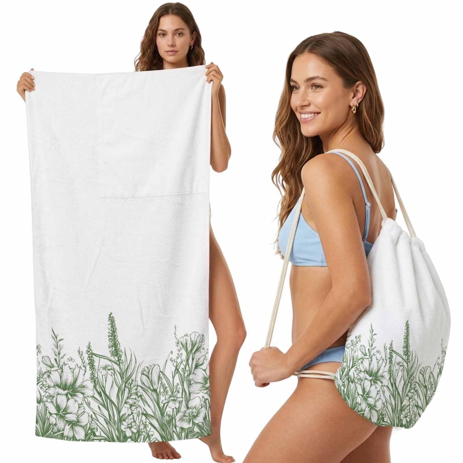 FWJZDSP Beach Towel Backpack Convertible Lavender Flowers Sand Free Quick Dry Towel Bag Floral Plants Green Beach Towel with Adjustable Straps for Travel Swimming Pool Beach Accessories 31.5x63in