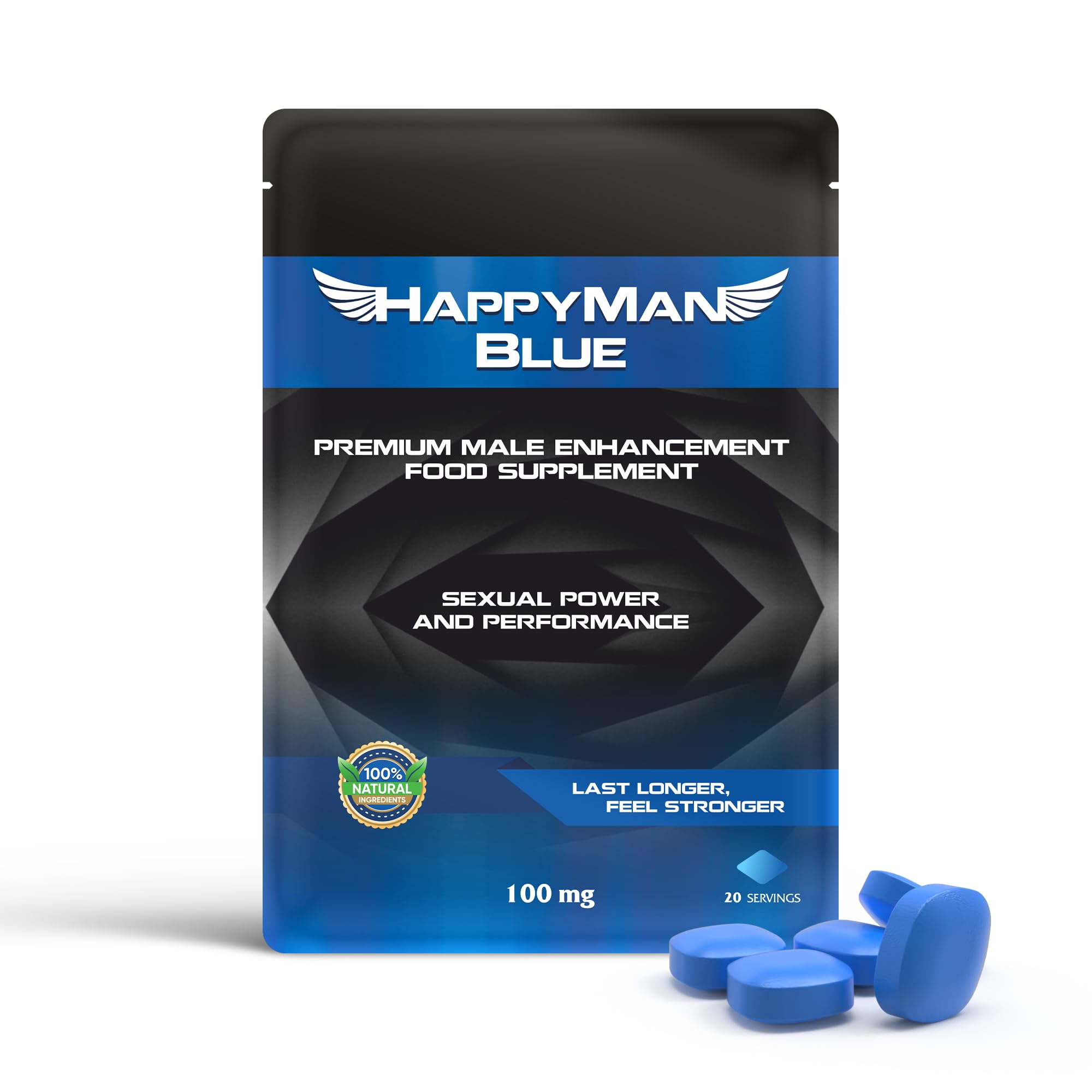 HappyMan Blue 20 Tablets | Natural Herbal Supplement for Men | Prolonged Performance and Enhancement Tablets | Fast Acting and Extra Strong | Stamina and Energy Support | Ginseng