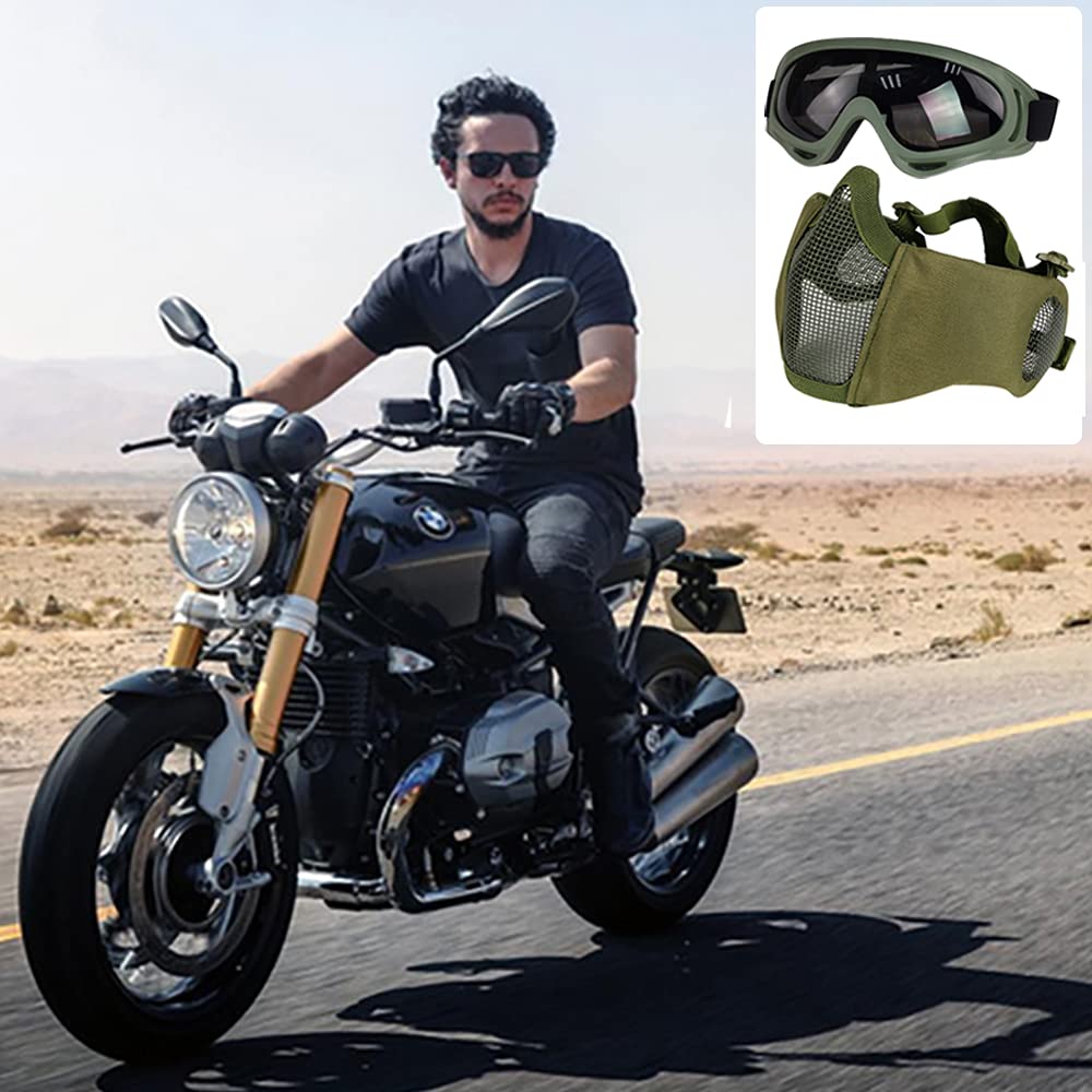 Set di accessori protettivi per softair, maschera a metà viso in rete con protezione per le orecchie, e occhialini per CS / caccia / paintball / tiro