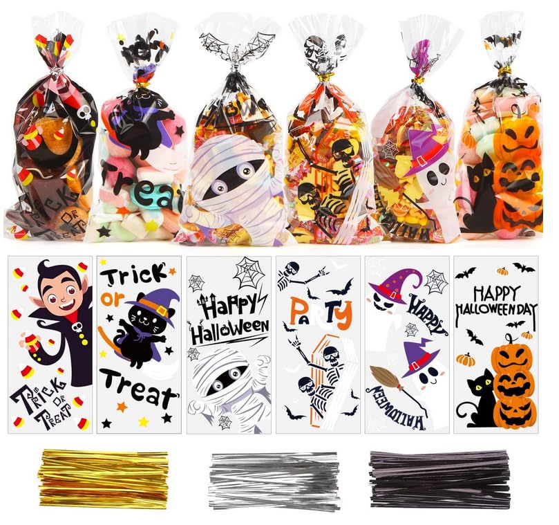 Halloween Treat Bags - 120 Cellophane Sweet Bags with 150 Twist Ties