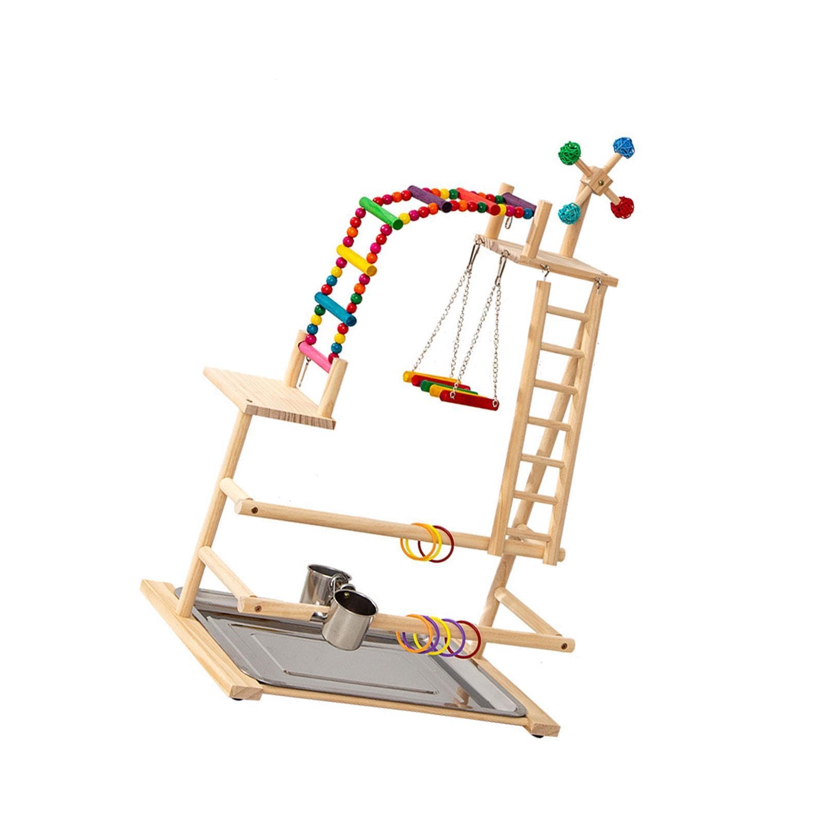 Parrocchetto Palestra Parco Giochi per Uccelli Pappagallo Posatoio in Legno Giocattolo Mulino Interattivo Multifunzionale Alimentatori Adatto per