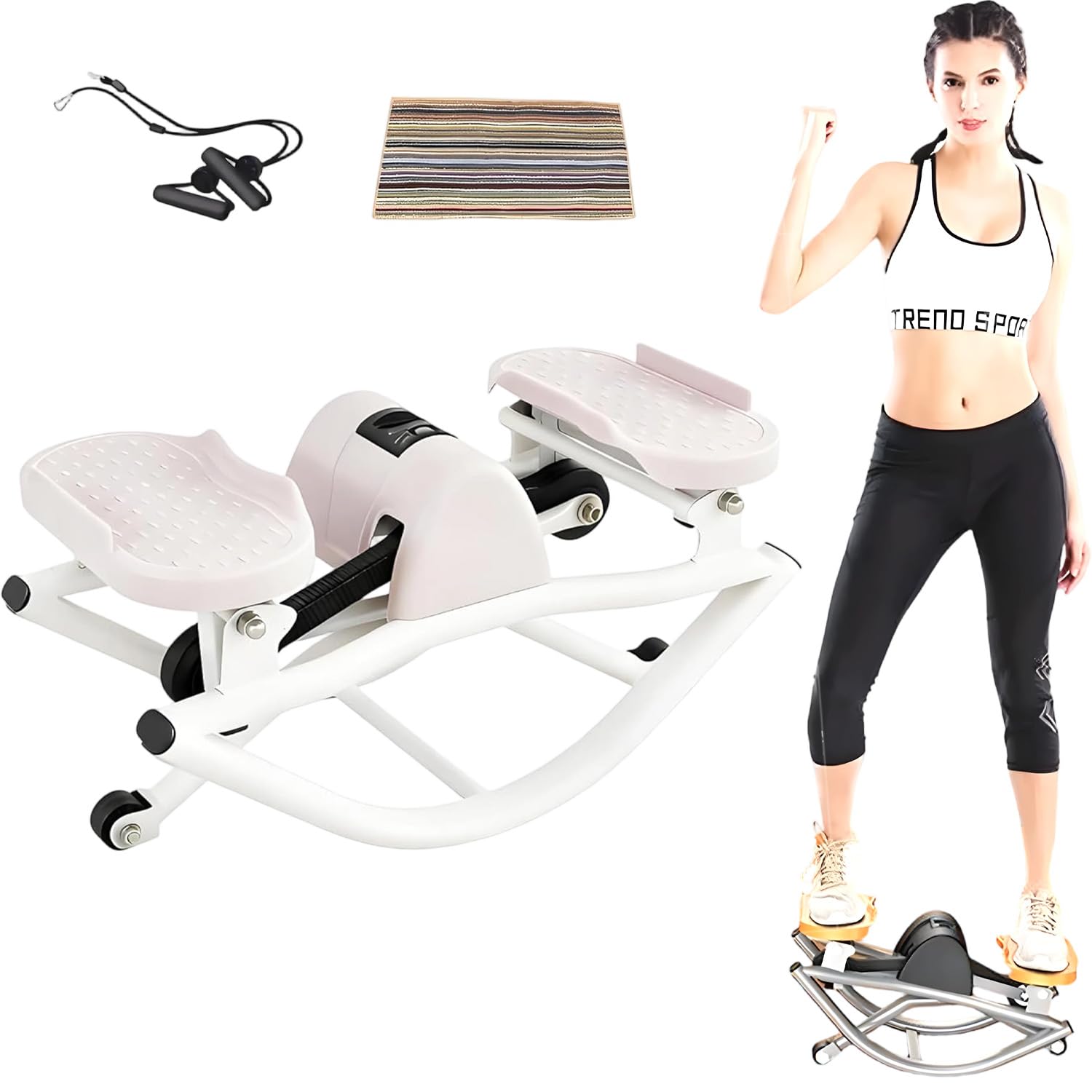 U-Shaped Rock Stepper Machine with LCD Monitor & Resistance Bands,Side to Side Stepper for Low-Impact Full Body Cardio, Home & Office Fitness, The Rock Stepper Pink