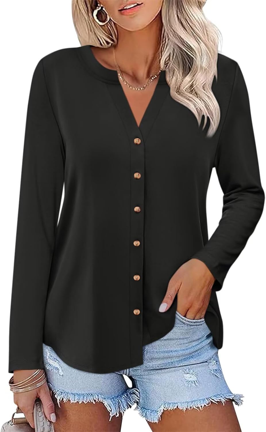ORANDESIGNE Women’s Button Down Shirts Long Sleeve Tops Fall Tunics Ladies Button Up V Neck Tees