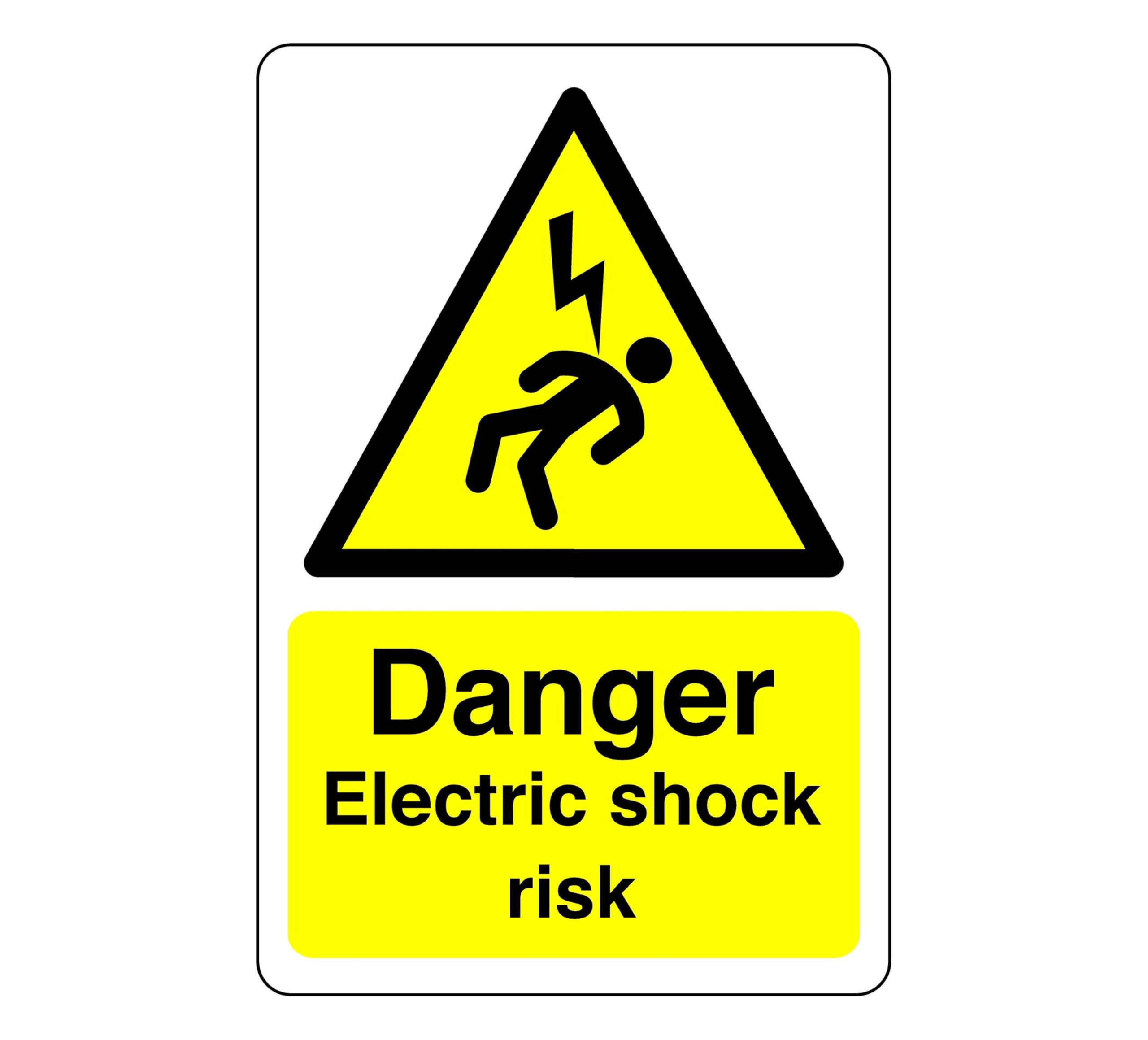 Danger electric shock risk sign - 1.2mm Rigid plastic for indoor/outdoor usage (200mm x 150mm) Viewing Distance within 5m.