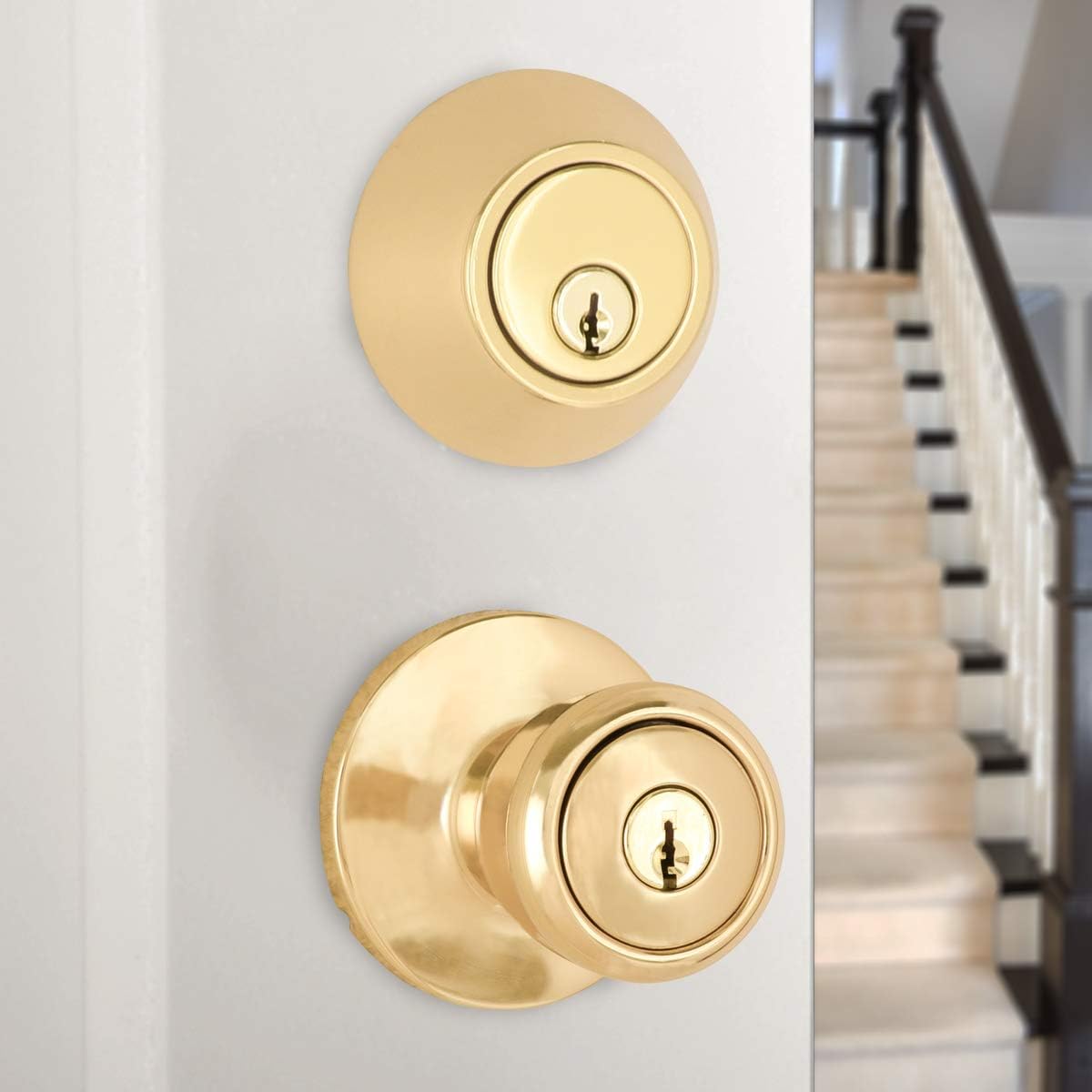 Amazon Basics Exterior Door Knob With Lock and Deadbolt, Bell, Polished Brass
