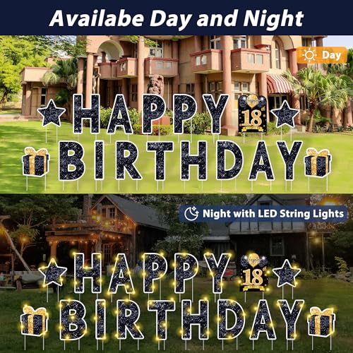 ComboJoy Happy Birthday Yard Sign with Stakes - 18 Pcs Happy Birthday Yard Sign, 3 Pcs LED Lights, Personalized Age Happy Birthday Sign, 16" Waterproof Birthday Yard Lawn Party Decoration (Black)