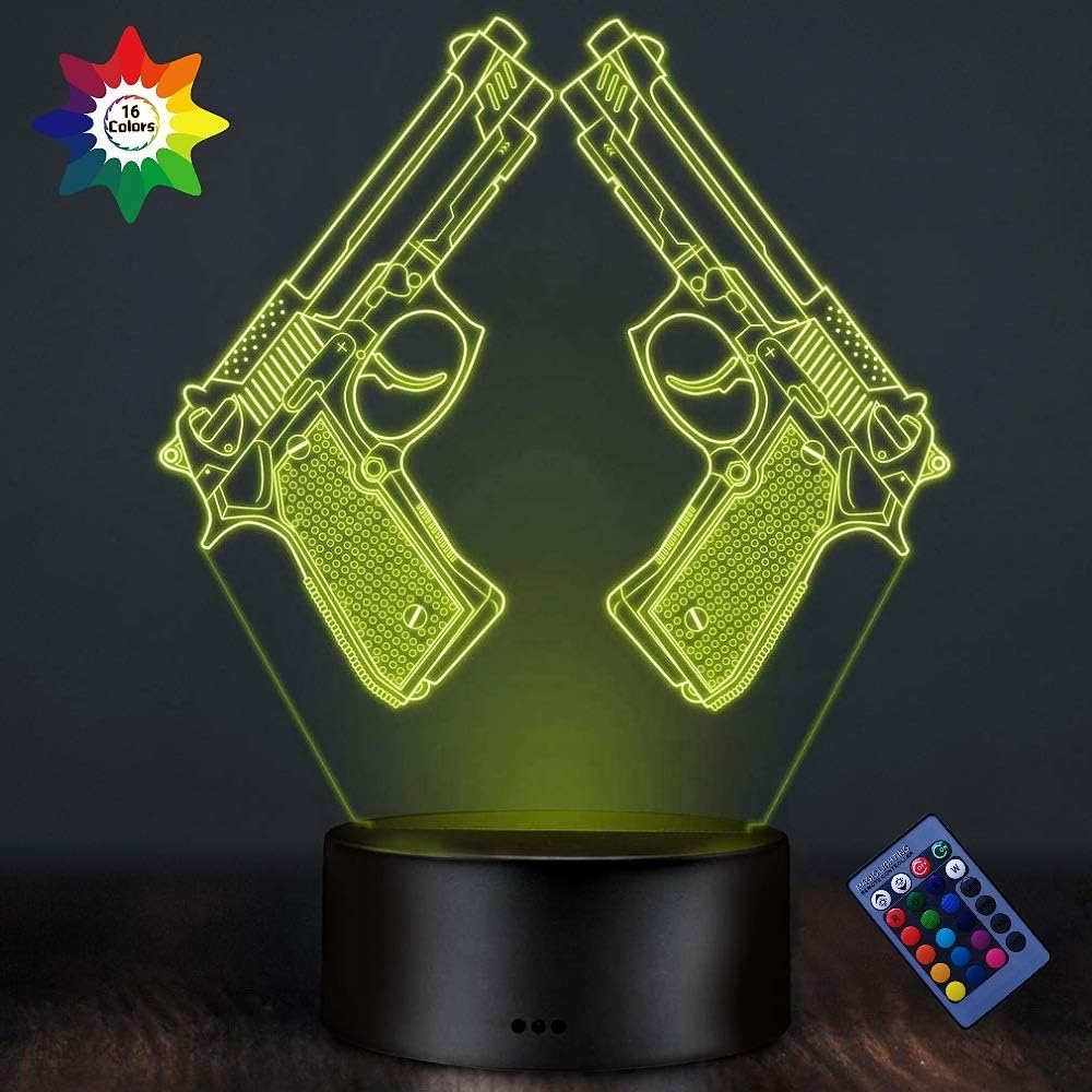 Creative 3D Pistol Lamp Night Light 16 Colors Changing USB Powered Remote Control Touch Switch Decor Lamp Optical Illusion LED Table Desk Lamp