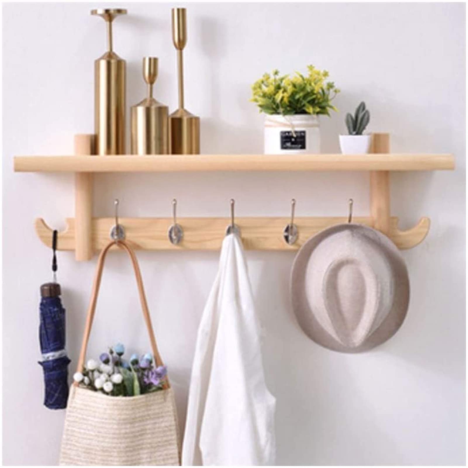 SVFOEBJM Coat Hooks with Wooden Shelf - Wall Mounted Coat Rack with Metal Hooks for Entryway, Kitchen, or Bathroom - Versatile Hat Rack and Coat Hanger