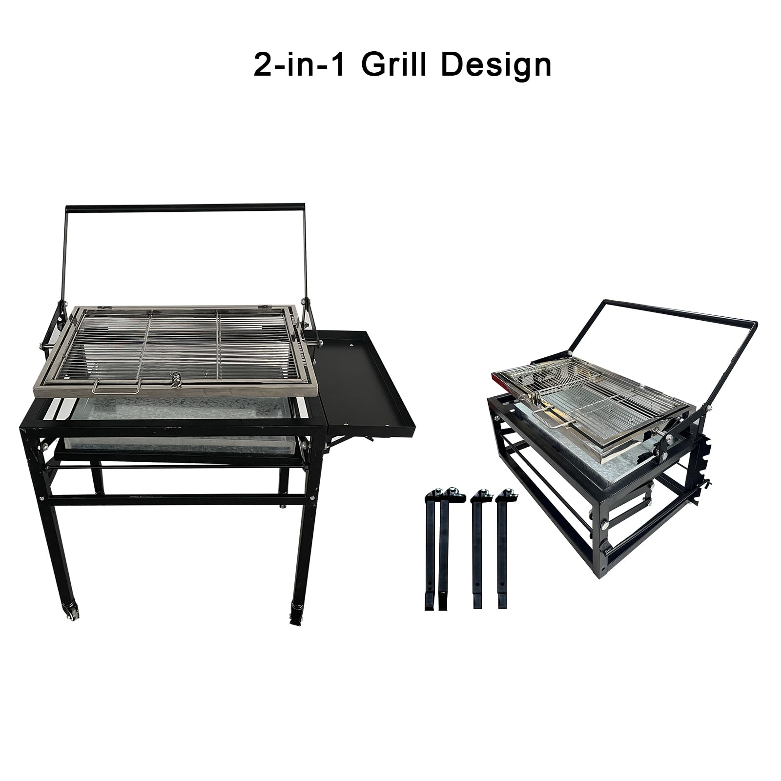 Barbecue à charbon de bois avec chariot, grille de cuisson portable démontable carrée résistante en plein air, grille de cuisson rotative à 360 degrés avec roues pour camping, jardin, barbecue