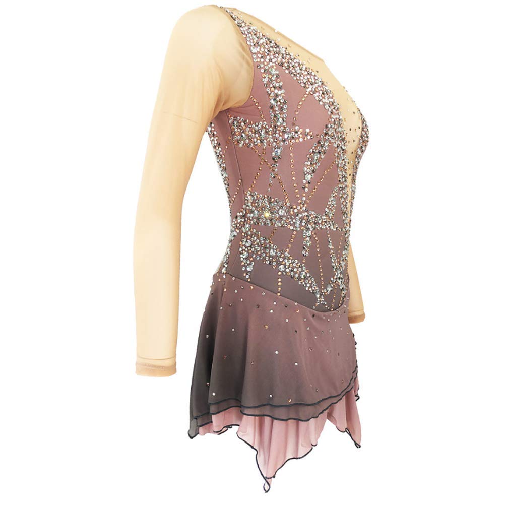 Vestido de leotardo de patinaje artístico para mujer, manga larga, malla elástica, hecho a mano, para competición, baile